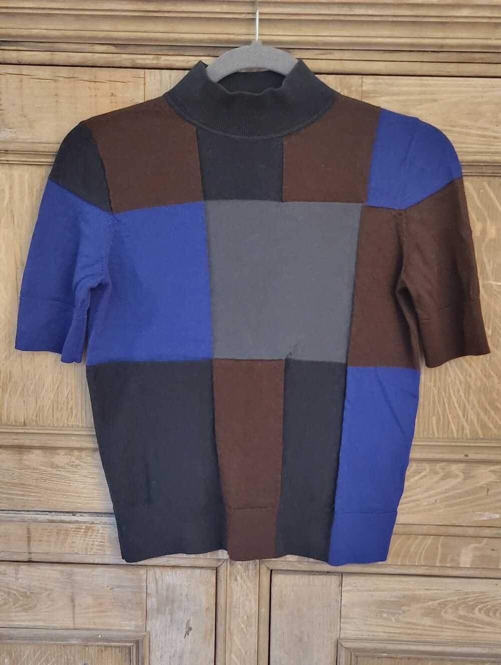 COS 100% Wool Patchwork Colorblock Short Sleeve Mock Neck Sweater XS